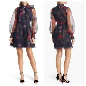 New NoTag Rachel Parcell Floral Tie Neck Long Sleeve Organza Satin Dress Size 4